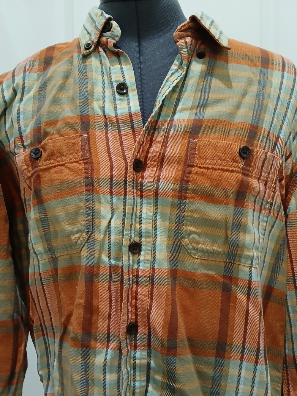 Men's L.L. Bean Plsid Button Down Long Sleeve Orange & Blue Shirt - Picture 8 of 15